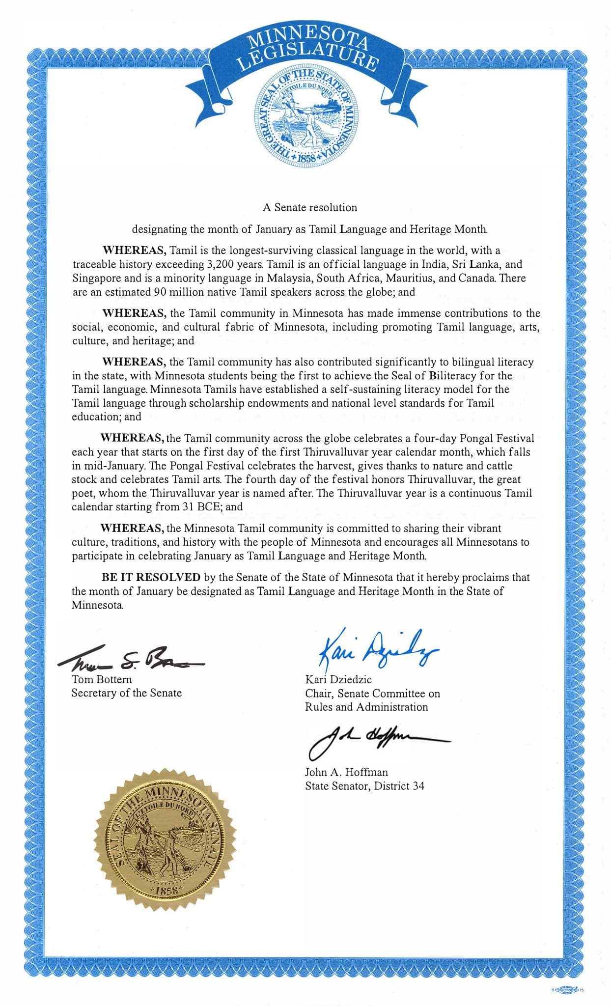 Minnesota Senate resolution proclaiming January as Tamil Language and Heritage Month, signed by Tom Bottern, Kari Dziedzic, and John A. Hoffman